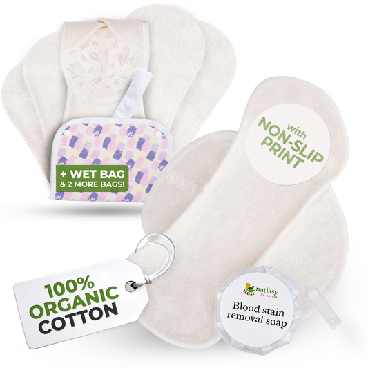 Non-Slip Organic Reusable Period Pads for Heavy Flow & Incontinence (L+XL, 6-Pack) - Plain White Bamboo
