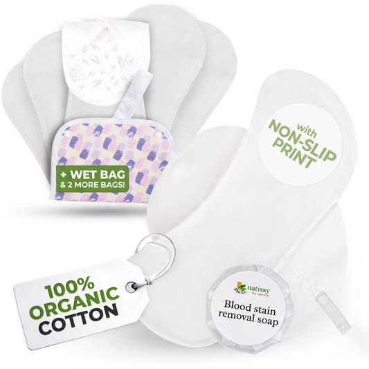Non-Slip Organic Reusable Period Pads for Heavy Flow & Incontinence (L+XL, 6-Pack) - Plain White