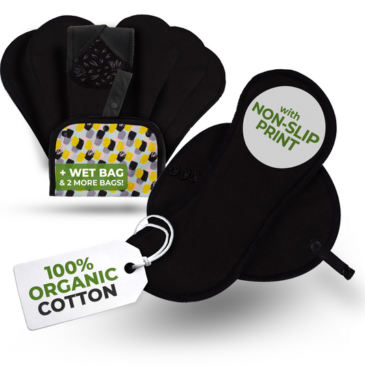 Non-Slip Organic Reusable Panty Liners for Women & Teens (Medium, 7-Pack) - Plain Black