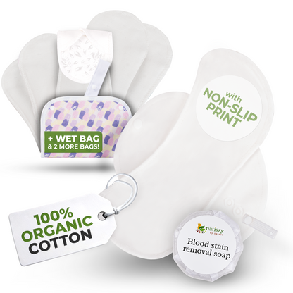 Non-Slip Organic Reusable Period Pads for Light Flow (S+M, 6-Pack) - Plain White