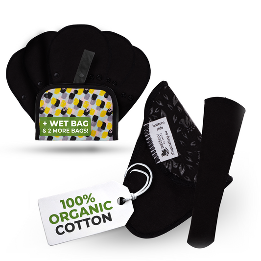 Non-Slip Organic Reusable Panty Liners for Women & Teens (Tanga, 7-Pack) - Plain Black