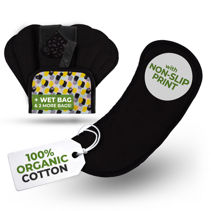 Non-Slip Organic Reusable Panty Liners for Women & Teens (Small, 7-Pack) - Plain Black Wingless