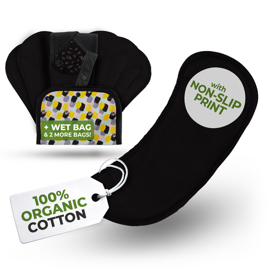 Non-Slip Organic Reusable Panty Liners for Women & Teens (Small, 7-Pack) - Plain Black Wingless