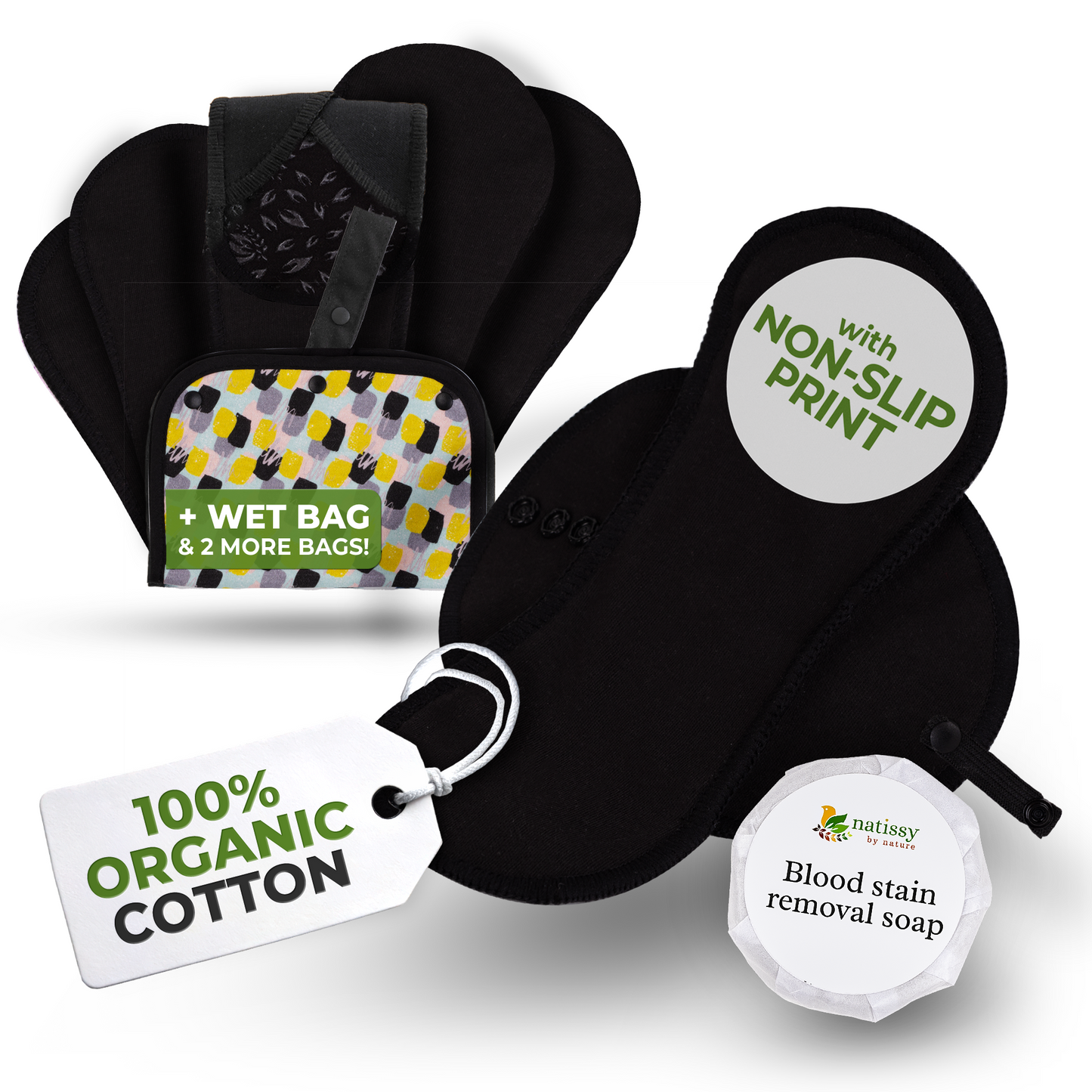 Non-Slip Organic Reusable Period Pads for Light Flow (S+M, 6-Pack) - Plain Black