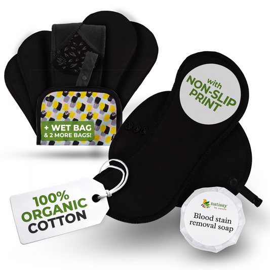 Non-Slip Organic Reusable Period Pads for Light Flow (S+M, 6-Pack) - Plain Black