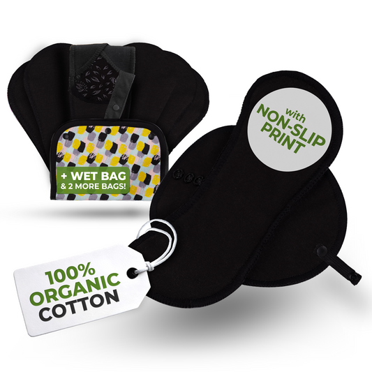Non-Slip Organic Reusable Panty Liners for Women & Teens (Small, 7-Pack) - Plain Black