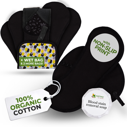 Non-Slip Organic Reusable Period Pads for Heavy Flow & Incontinence (L+XL, 6-Pack) - Plain Black
