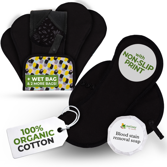 Non-Slip Organic Reusable Period Pads for Heavy Flow & Incontinence (L+XL, 6-Pack) - Plain Black