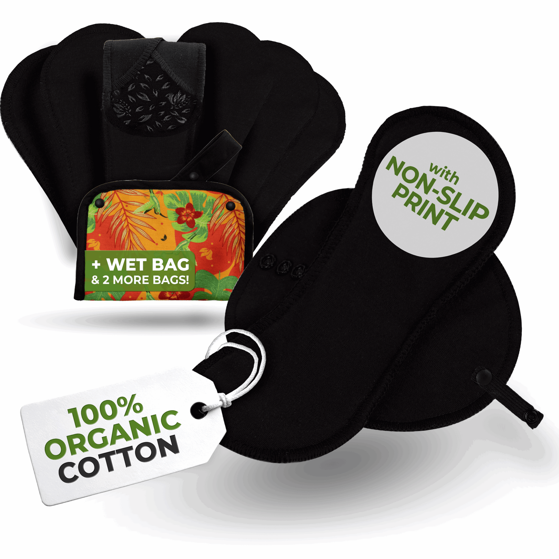 Non-Slip Premium Reusable Panty Liners for Women & Teens (M, 7-Pack) - Black Cat