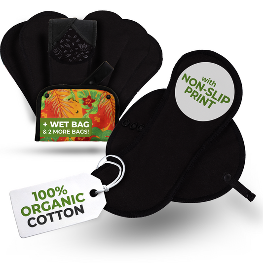 Non-Slip Premium Reusable Panty Liners for Women & Teens (M, 7-Pack) - Black Cat