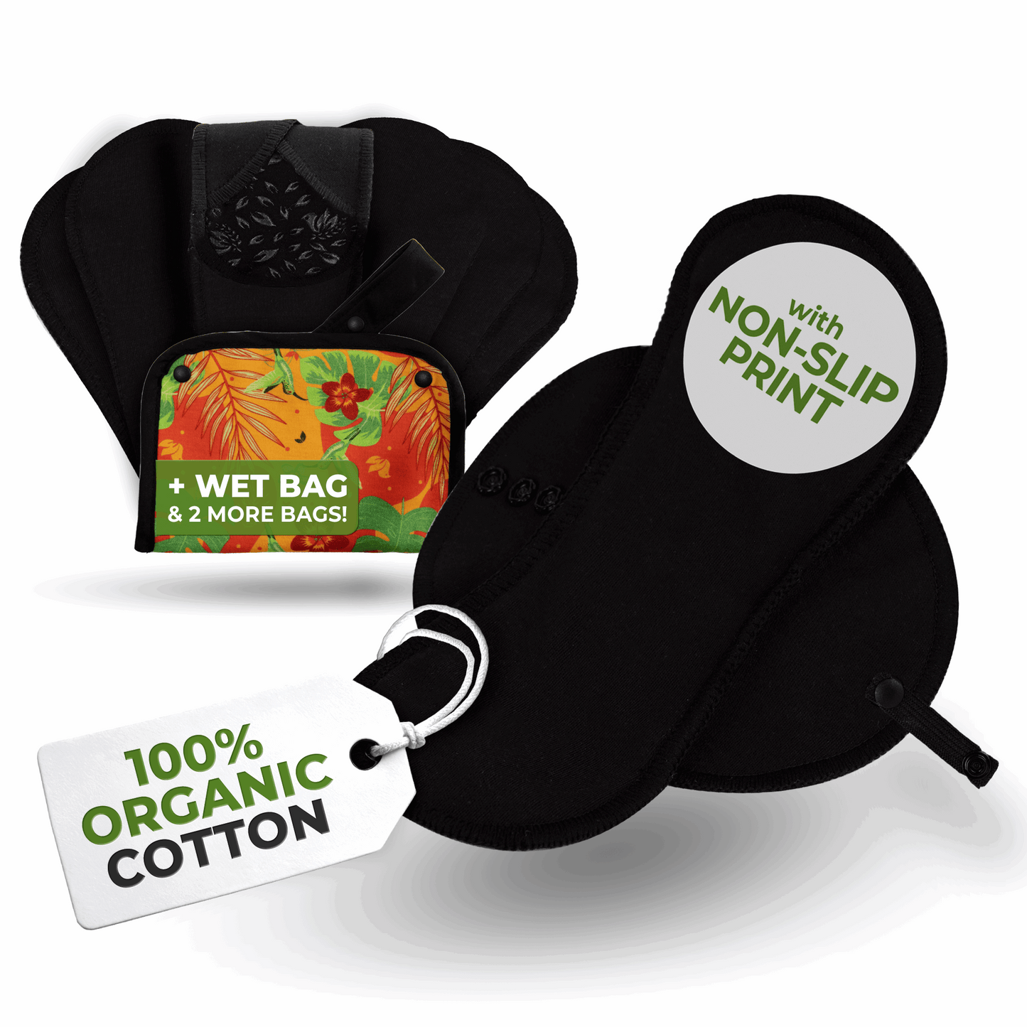 Non-Slip Premium Reusable Panty Liners for Women & Teens (S, 7-Pack) - Black Cat