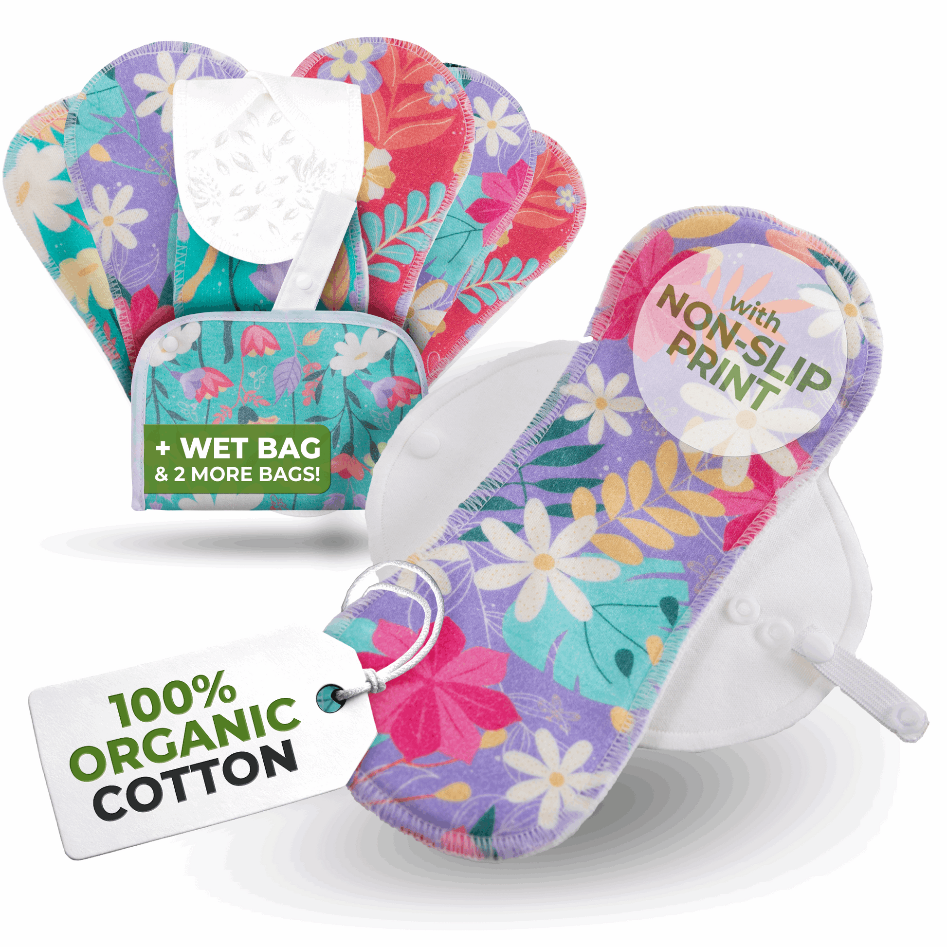 Non-Slip Premium Reusable Panty Liners for Women & Teens (M, 7-Pack) - Flora