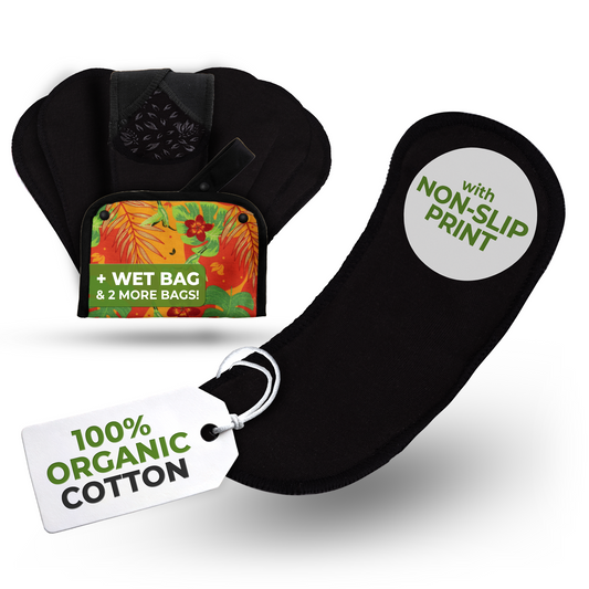 Non-Slip Premium Reusable Panty Liners for Women & Teens (Wingless S, 7-Pack) - Black Cat