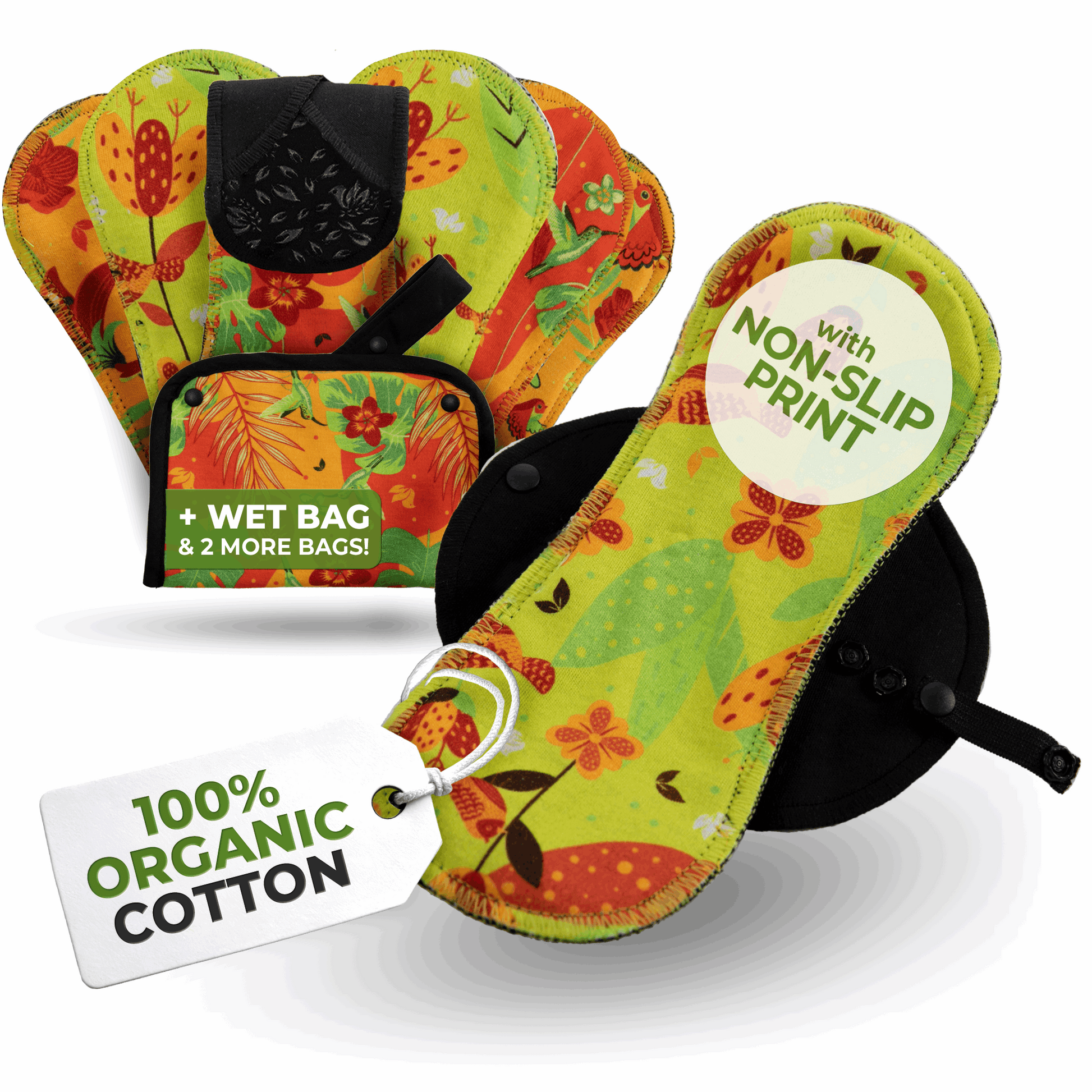 Non-Slip Premium Reusable Panty Liners for Women & Teens (M, 7-Pack) - Natissy Birds