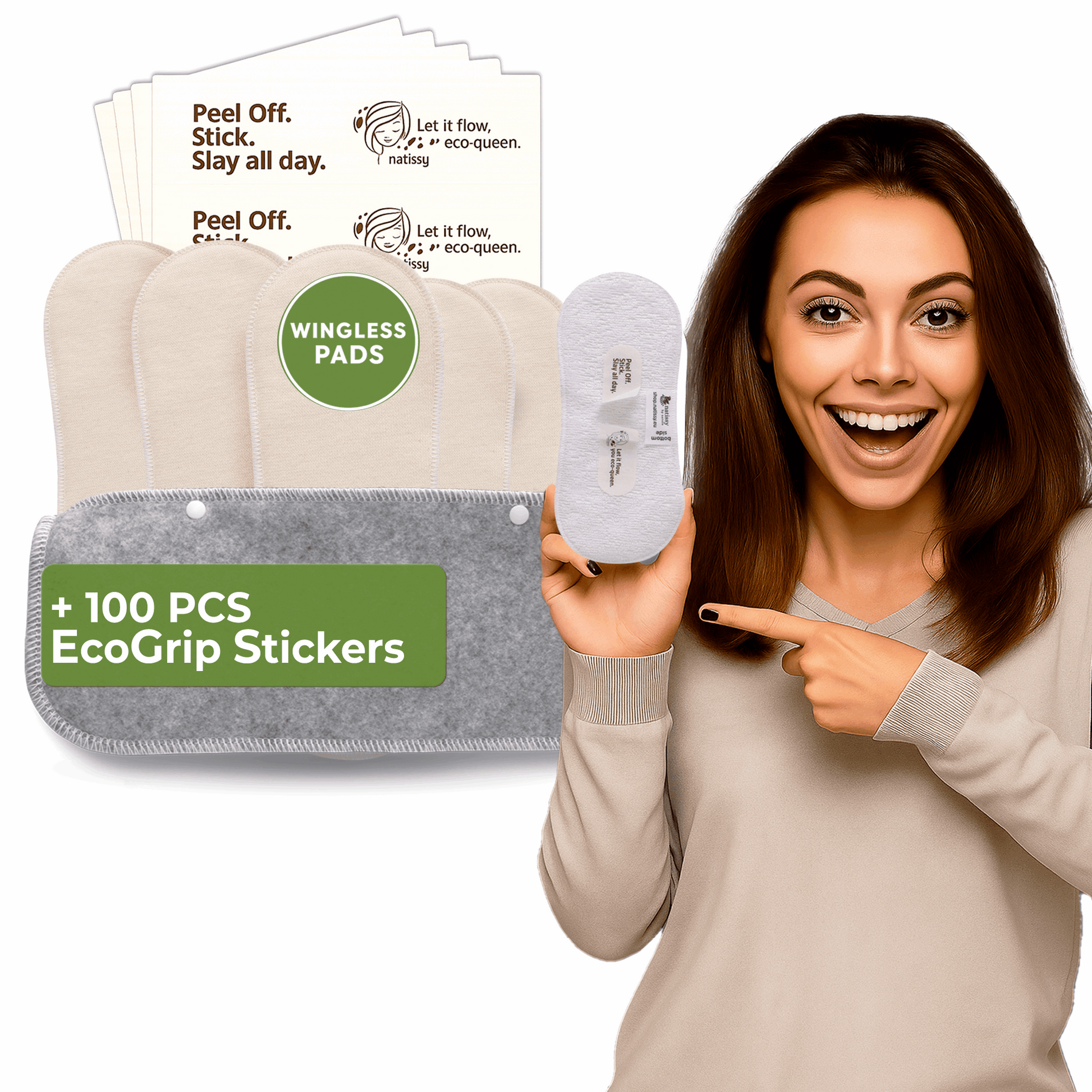 Wingless Reusable Sanitary Pads with Adhesive Sticker for Light Flow (S+M, 6-Pack) - Natural Unbleached