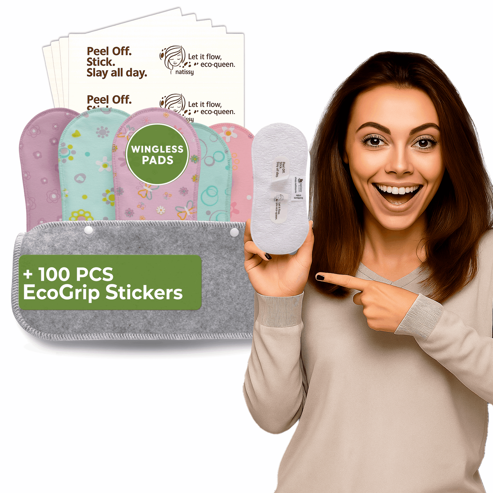 Wingless Reusable Sanitary Pads with Adhesive Sticker for Light Flow (S+M, 6-Pack) - Pastel