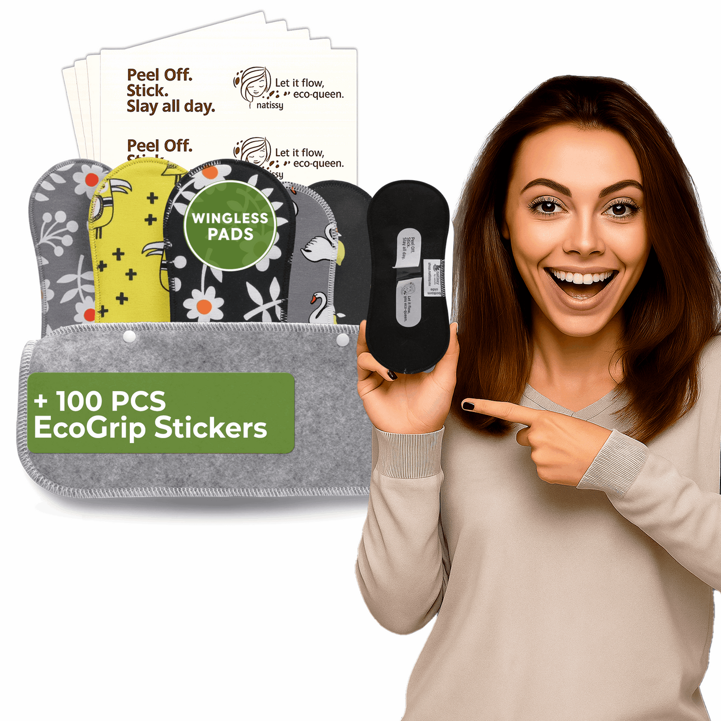 Wingless Reusable Sanitary Pads with Adhesive Sticker for Light Flow (S+M, 6-Pack) - Lemon