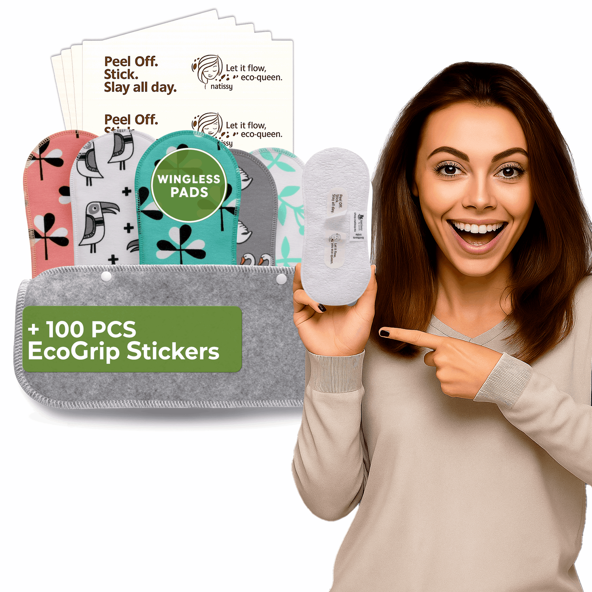 Wingless Reusable Sanitary Pads with Adhesive Sticker for Light Flow (S+M, 6-Pack) - Flower