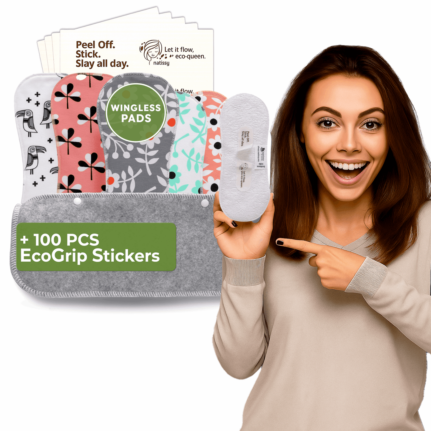 Wingless Reusable Sanitary Pads with Adhesive Sticker for Heavy Flow & Incontinence (L+XL, 6-Pack) - Flower