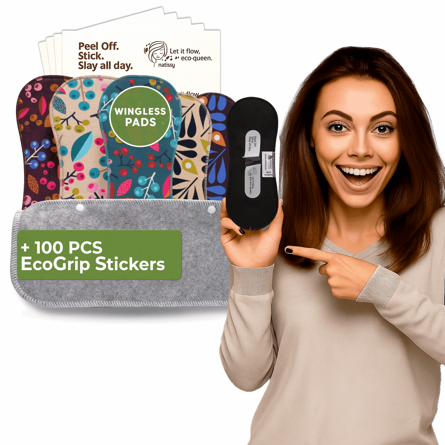 Wingless Reusable Sanitary Pads with Adhesive Sticker for Heavy Flow & Incontinence (L+XL, 6-Pack) - Peacock