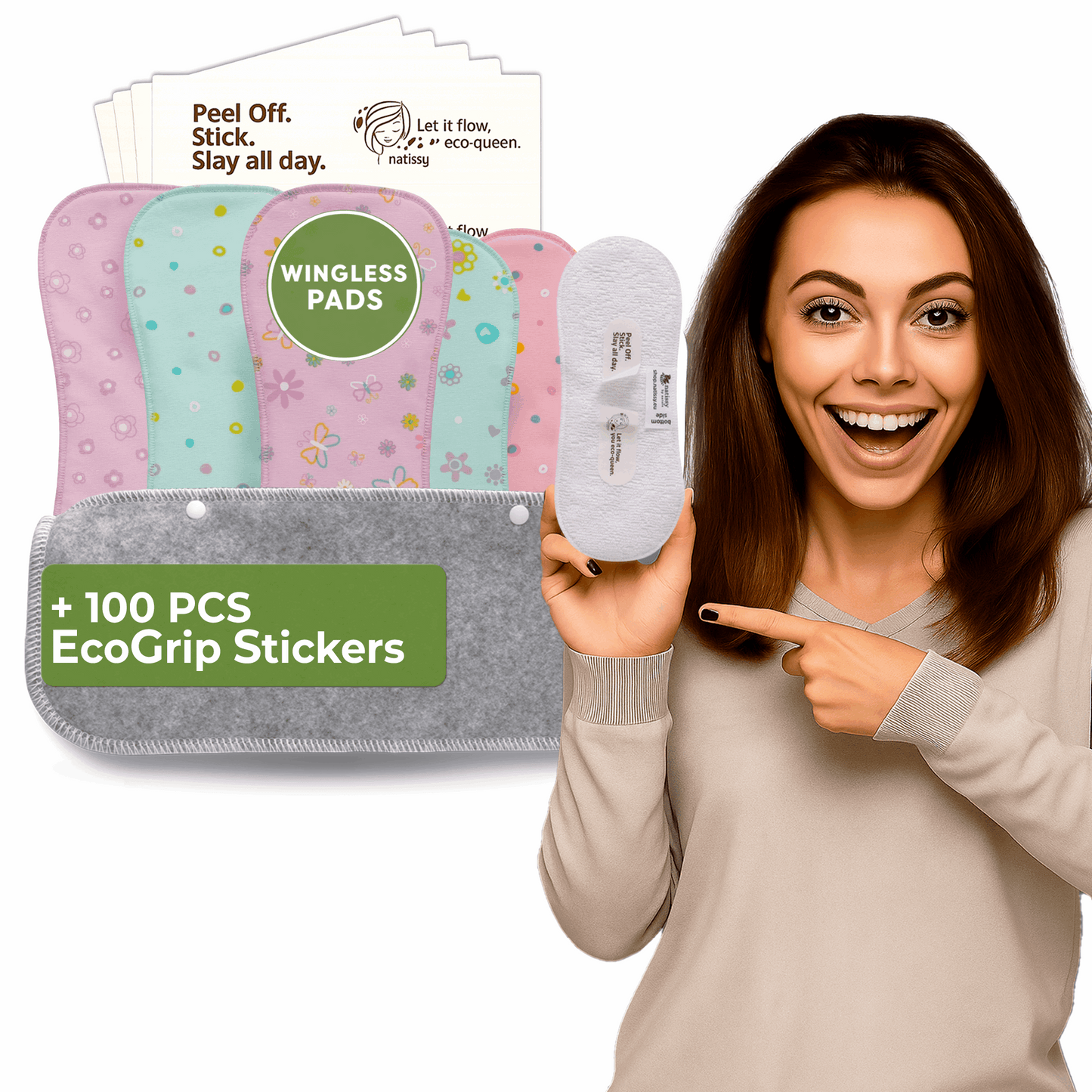 Wingless Reusable Sanitary Pads with Adhesive Sticker for Heavy Flow & Incontinence (L+XL, 6-Pack) - Pastel