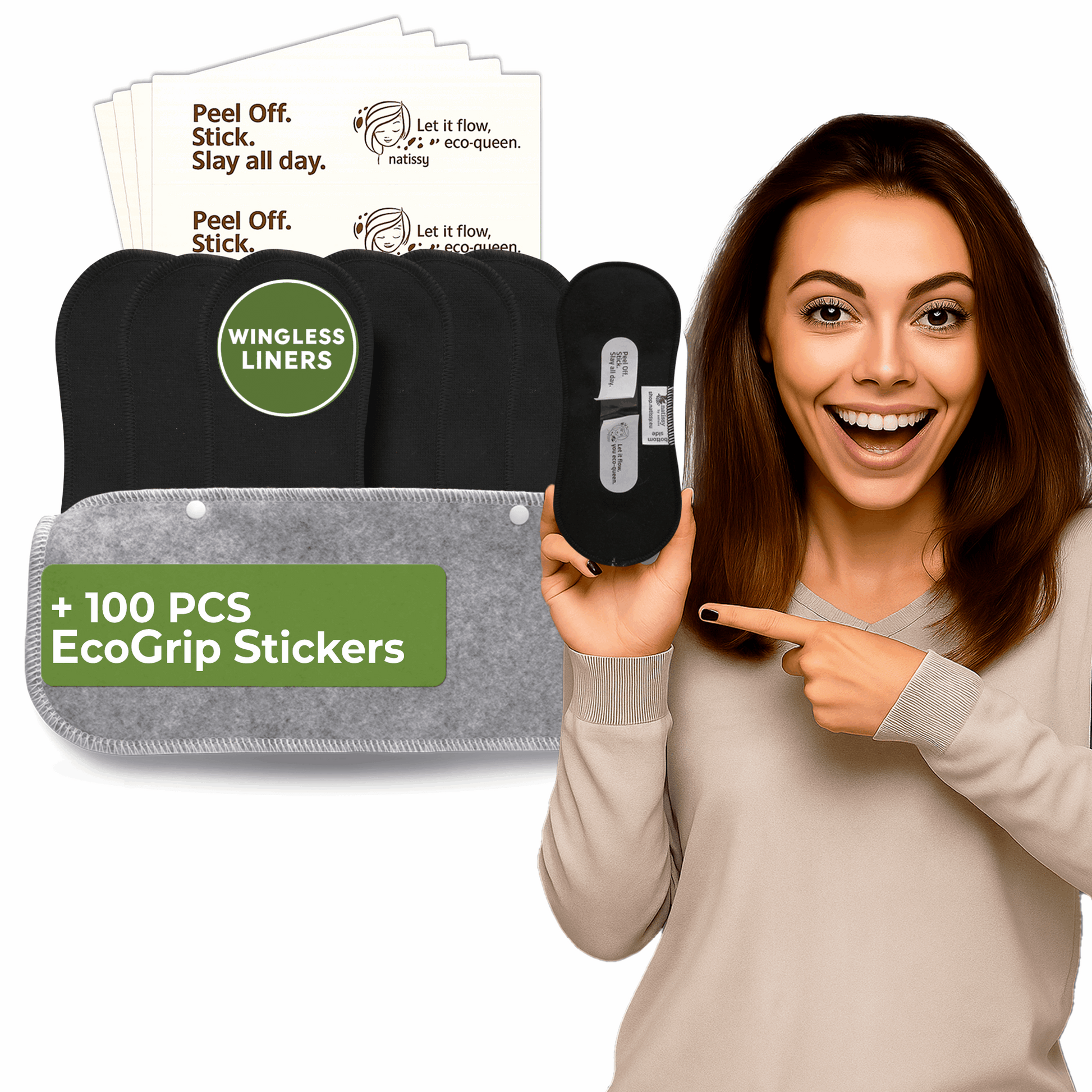 Wingless Reusable Panty Liners with Adhesive Sticker (MEDIUM, 7-Pack) - Plain Black