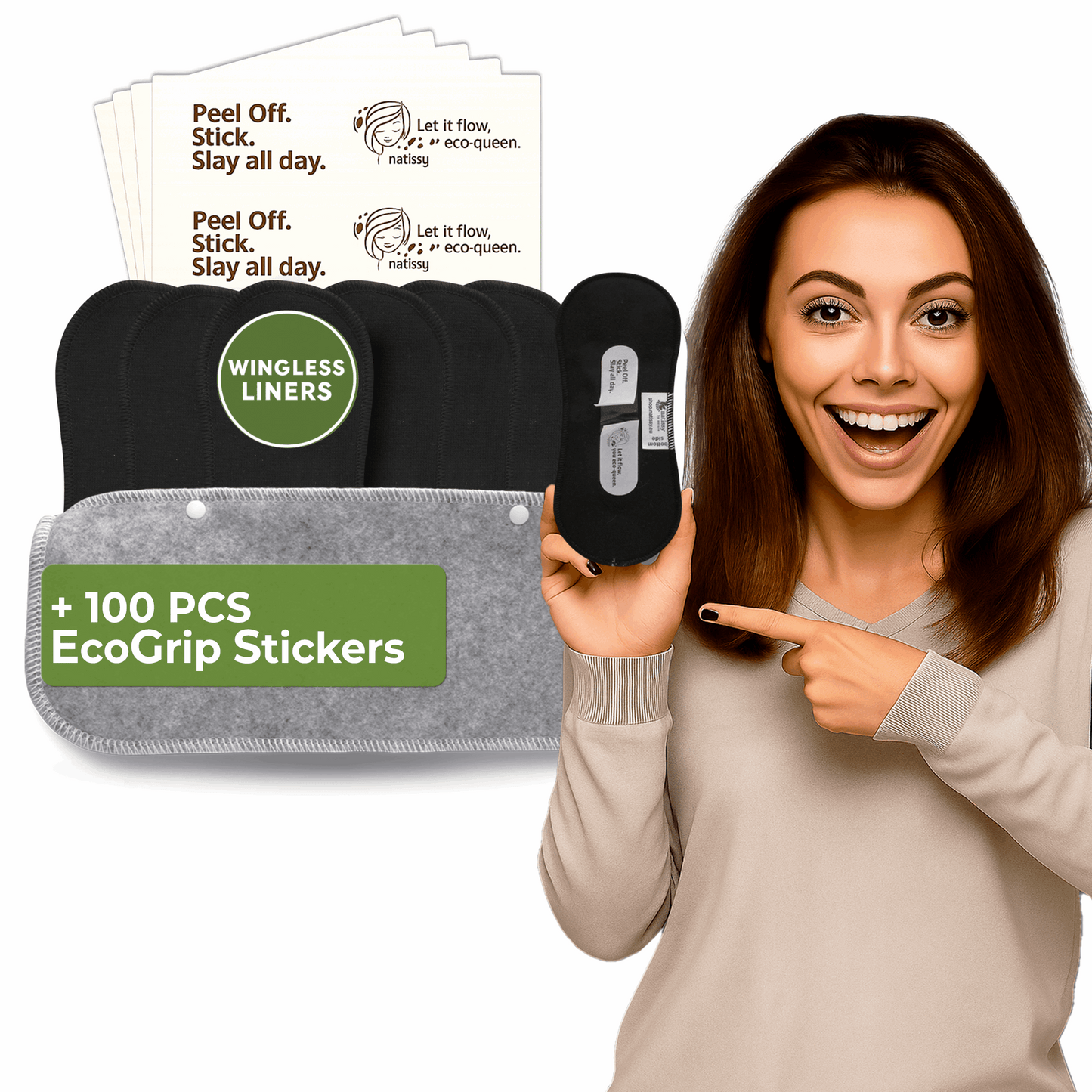 Wingless Reusable Panty Liners with Adhesive Sticker (SMALL, 7-Pack) - Plain Black