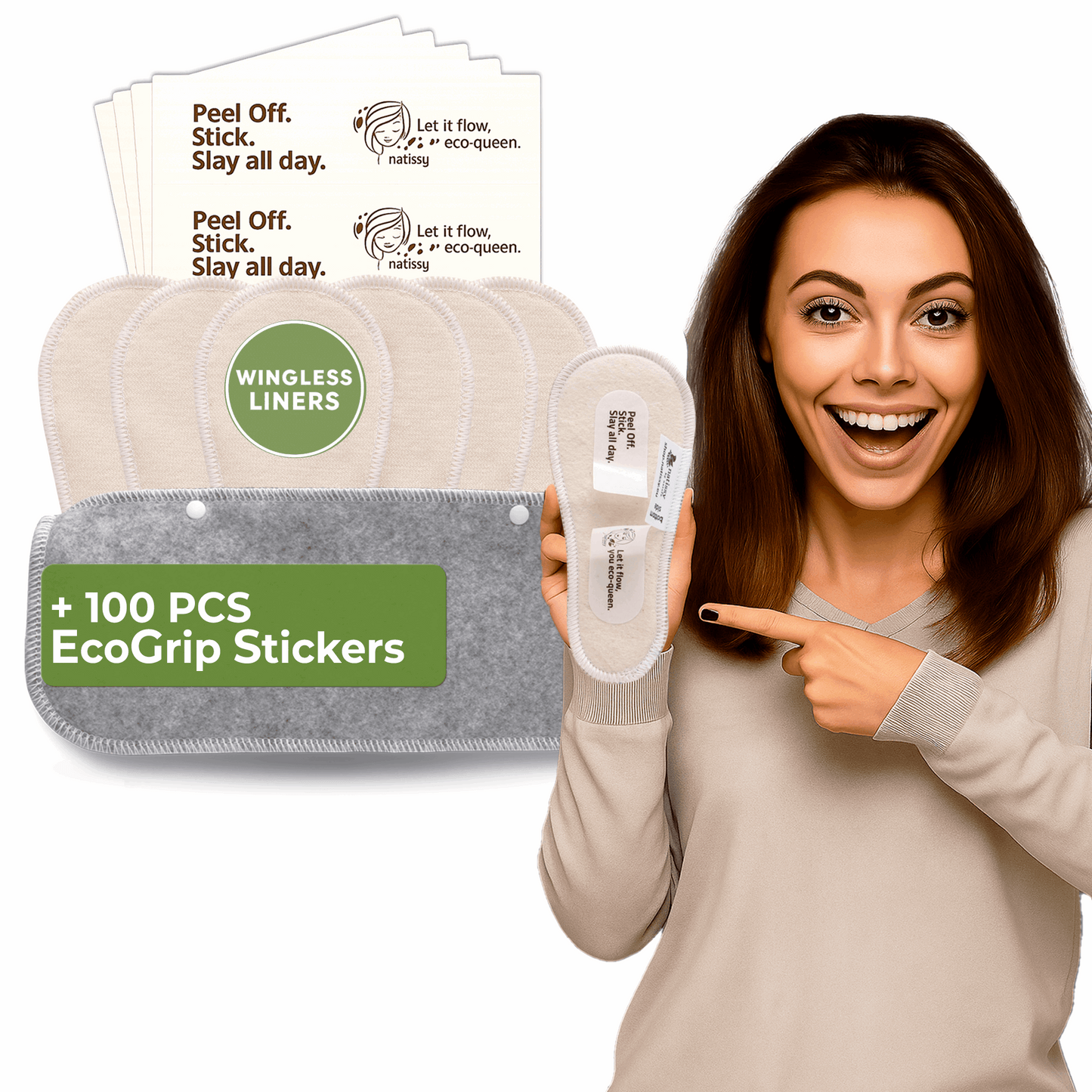 Wingless Reusable Panty Liners with Adhesive Sticker (TANGA, 7-Pack) - Natural Unbleached