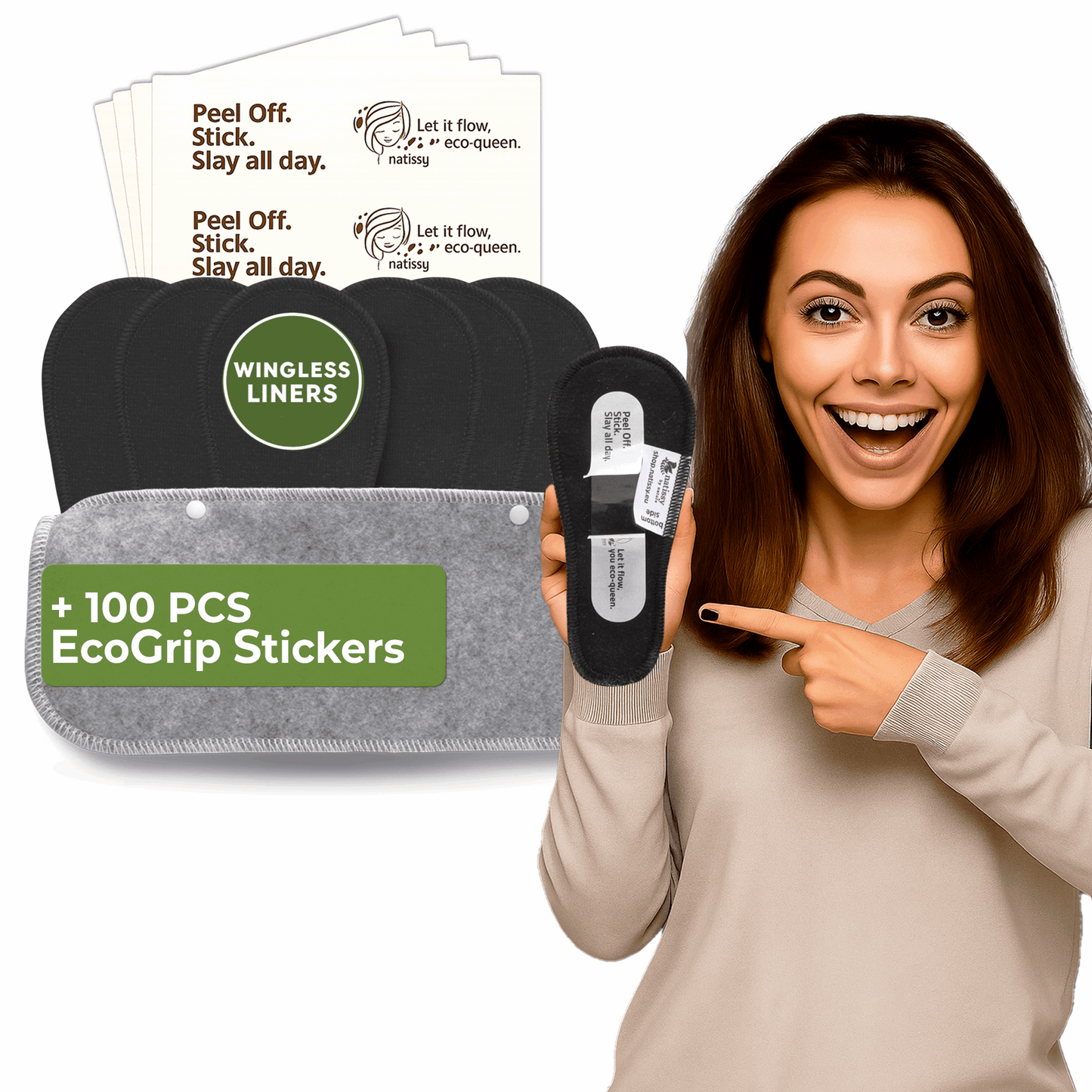 Wingless Reusable Panty Liners with Adhesive Sticker (TANGA, 7-Pack) - Plain Black