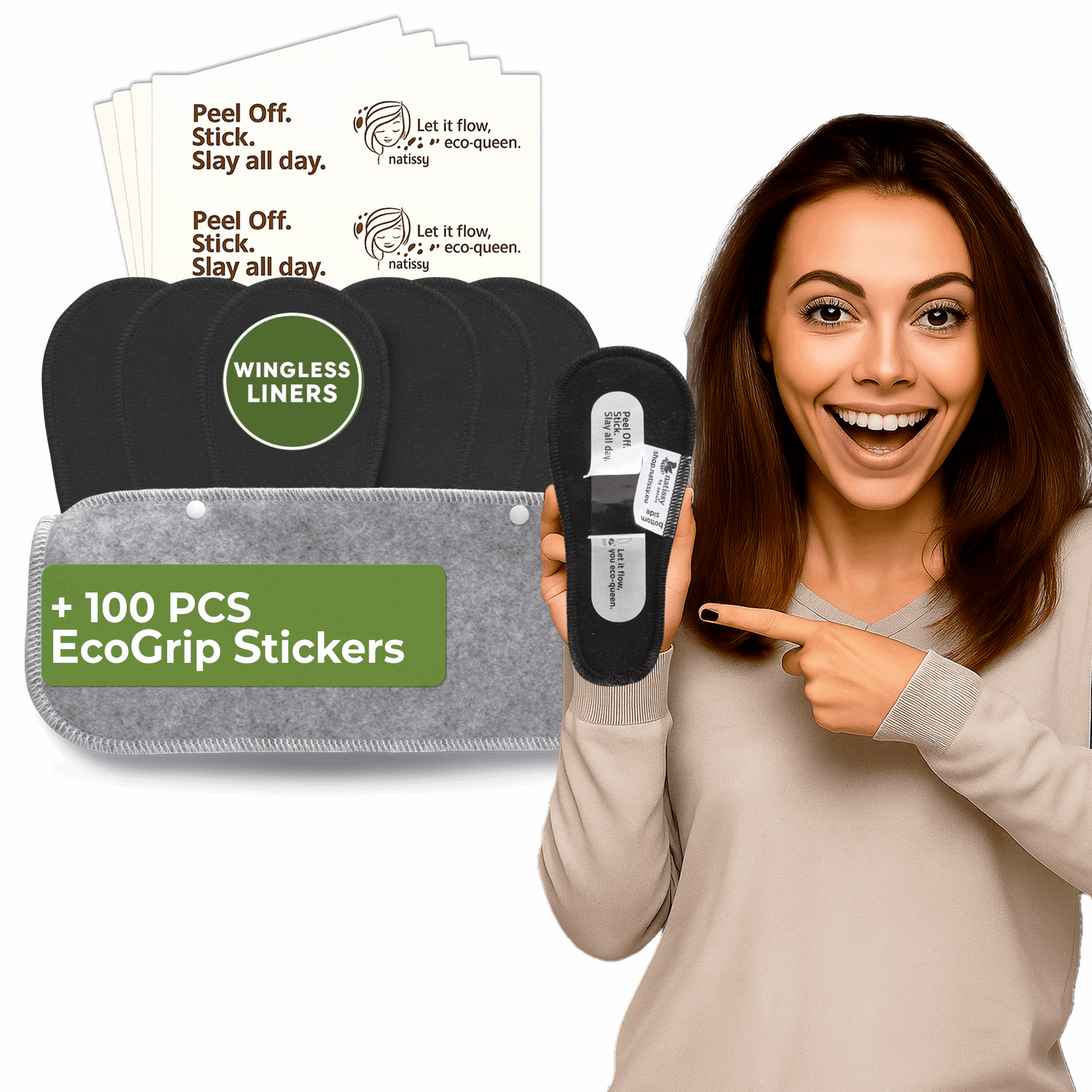 Wingless Reusable Panty Liners with Adhesive Sticker (TANGA, 7-Pack) - Plain Black