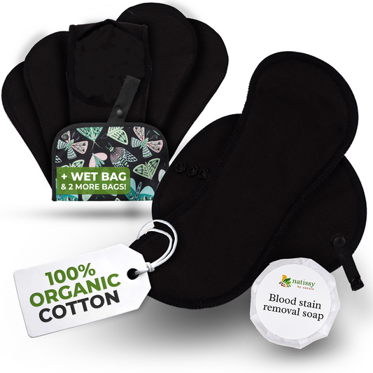 Organic Cotton EcoComfort Reusable Period Pads for Heavy Flow & Incontinence (L+XL, 6-Pack) - Plain Black