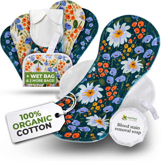 Organic Cotton EcoComfort Reusable Period Pads for Heavy Flow & Incontinence (L+XL, 6-Pack) - Blue Blush