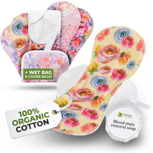 Organic Cotton EcoComfort Reusable Period Pads for Heavy Flow & Incontinence (L+XL, 6-Pack) - Blossom