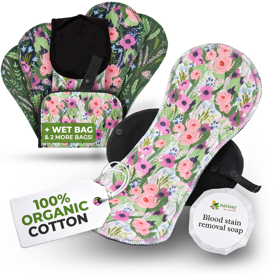 Organic Cotton EcoComfort Reusable Period Pads for Heavy Flow & Incontinence (L+XL, 6-Pack) - Botanical