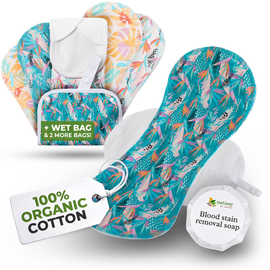 Organic Cotton EcoComfort Reusable Period Pads for Heavy Flow & Incontinence (L+XL, 6-Pack) - Monstera