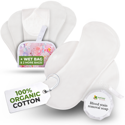 Organic Cotton EcoComfort Reusable Period Pads for Heavy Flow & Incontinence (L+XL, 6-Pack) - Plain White