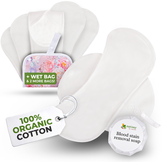 Organic Cotton EcoComfort Reusable Period Pads for Heavy Flow & Incontinence (L+XL, 6-Pack) - Plain White