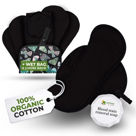 Organic Cotton EcoComfort Reusable Period Pads for Light Flow (S+M, 6-Pack) - Plain Black