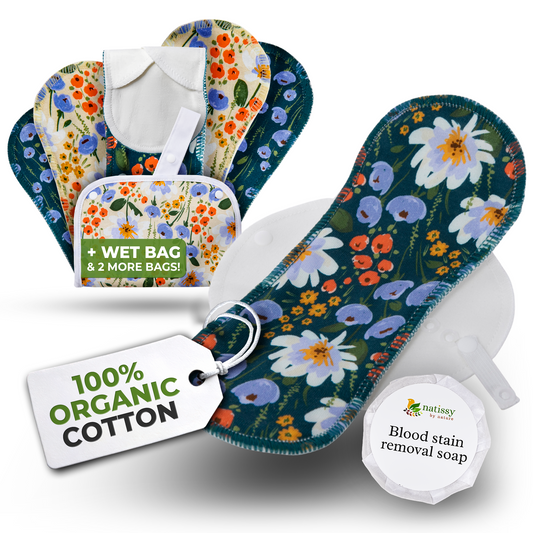 Organic Cotton EcoComfort Reusable Period Pads for Light Flow (S+M, 6-Pack) - Blue Blush