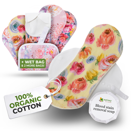 Organic Cotton EcoComfort Reusable Period Pads for Light Flow (S+M, 6-Pack) - Blossom