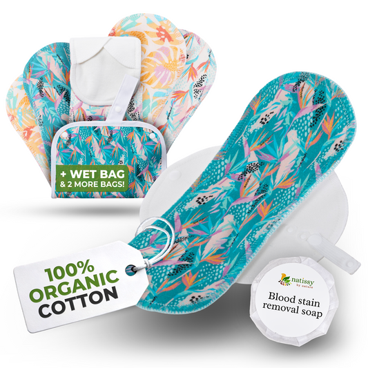 Organic Cotton EcoComfort Reusable Period Pads for Light Flow (S+M, 6-Pack) - Monstera