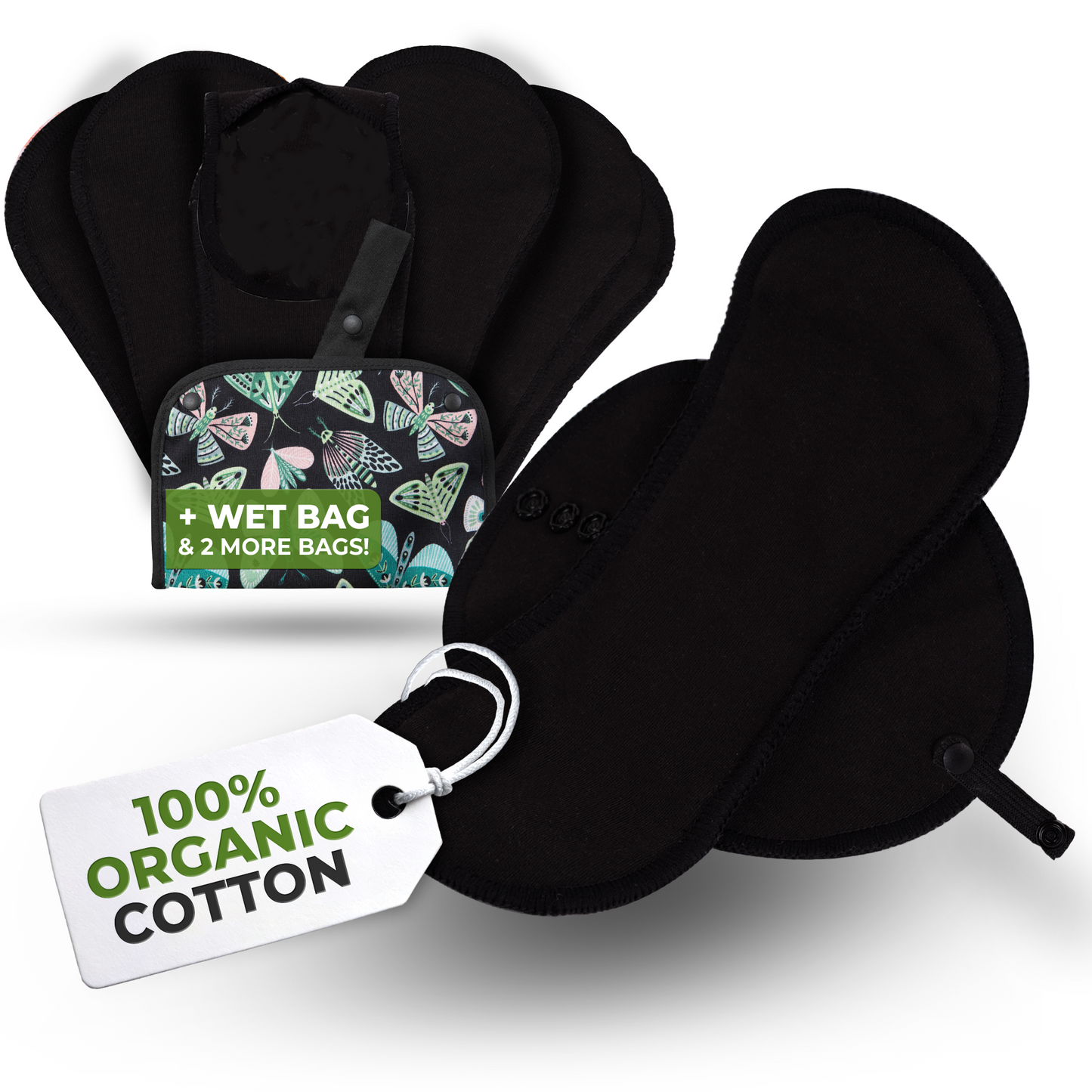 Organic Cotton EcoComfort Reusable Panty Liners for Women & Teens (Medium, 7-Pack) -  Plain Black