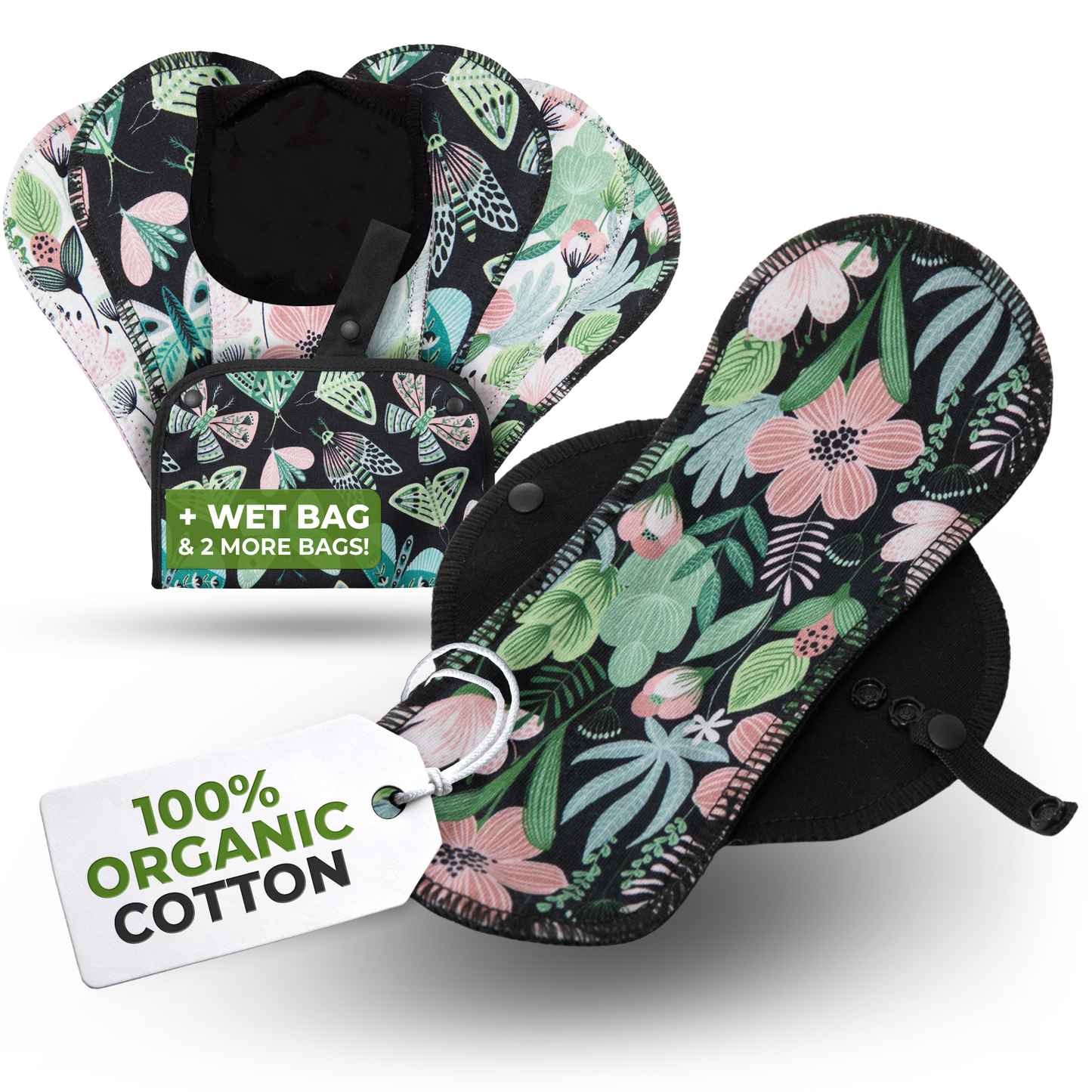 Organic Cotton EcoComfort Reusable Panty Liners for Women & Teens (Medium, 7-Pack) - Evergreen