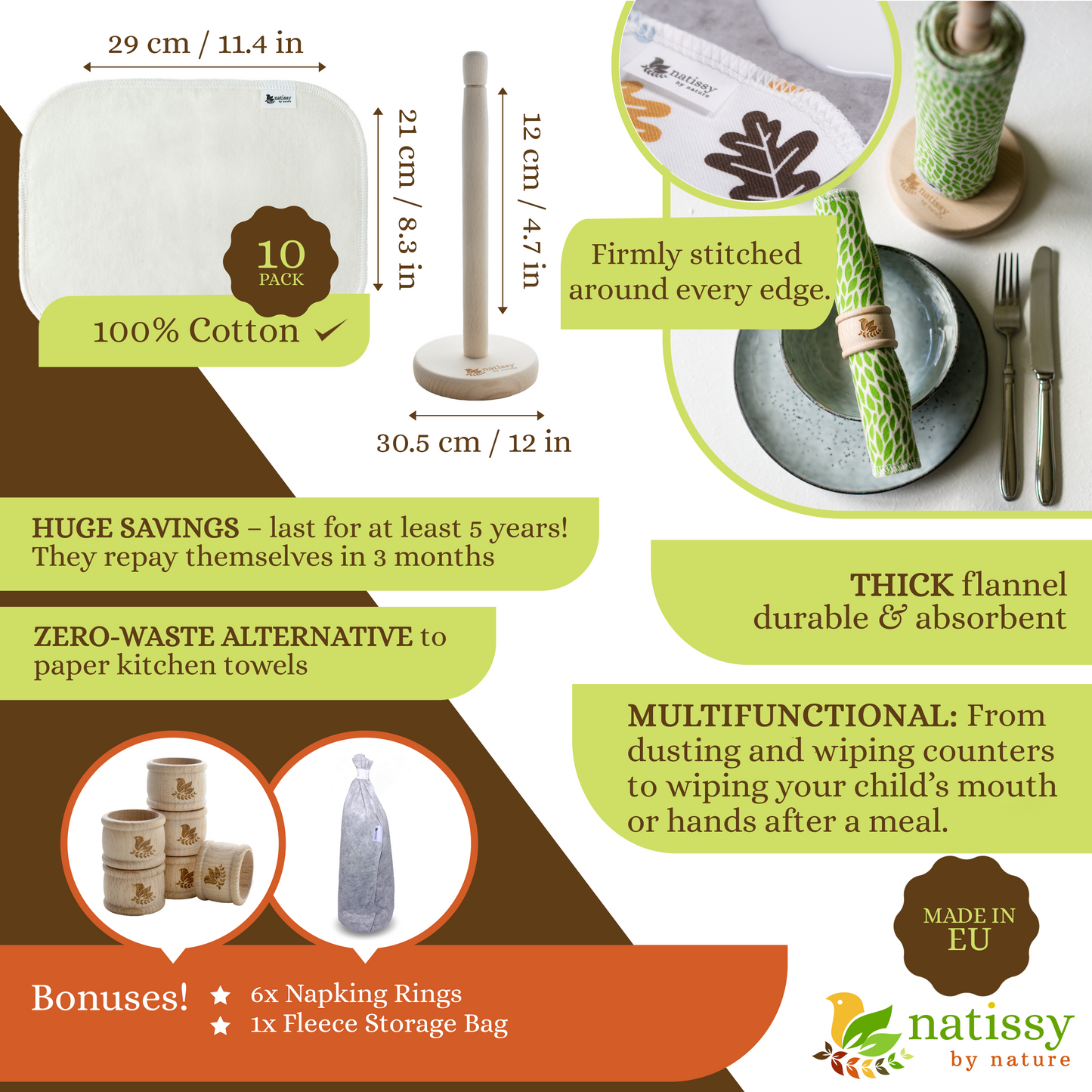 Reusable Paperless Kitchen Towels, Roll of 10 Washable Cotton Cloth Wipes MADE IN EU, Eco-Friendly Paper Towel Cleaning Alternative; Ultra Absorbent, Super Strong, Tear-Resistant & Multipurpose Paperless Replacement