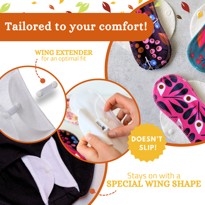 Organic Cotton Reusable Menstrual Pads with Wings Multipack (Sizes S, M, L, XL) - Pastel (white wings)
