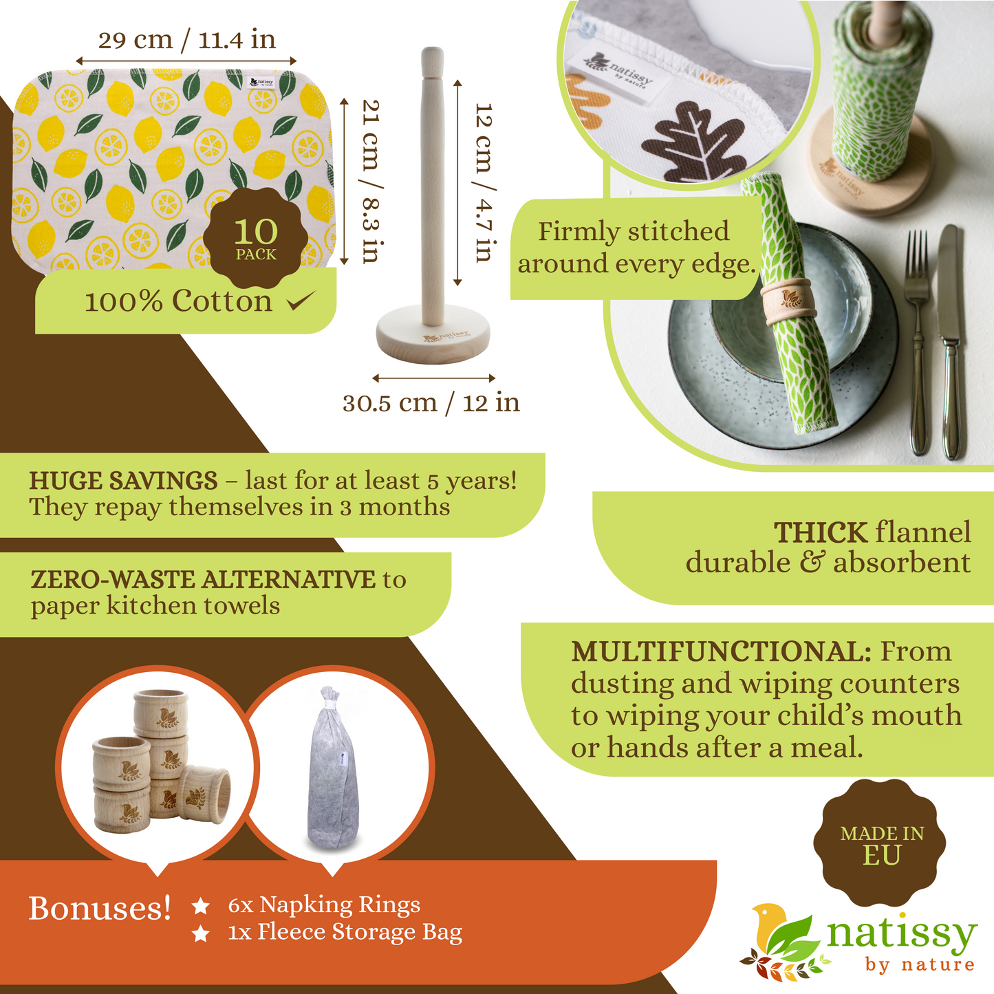 Reusable Paperless Kitchen Towels, Roll of 10 Washable Cotton Cloth Wipes MADE IN EU, Eco-Friendly Paper Towel Cleaning Alternative; Ultra Absorbent, Super Strong, Tear-Resistant & Multipurpose Paperless Replacement