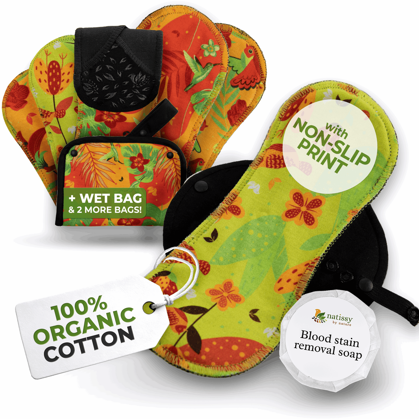 Non-Slip Premium Reusable Period Pads for Heavy Flow & Incontinence (L+XL, 6-Pack) - Natissy Birds