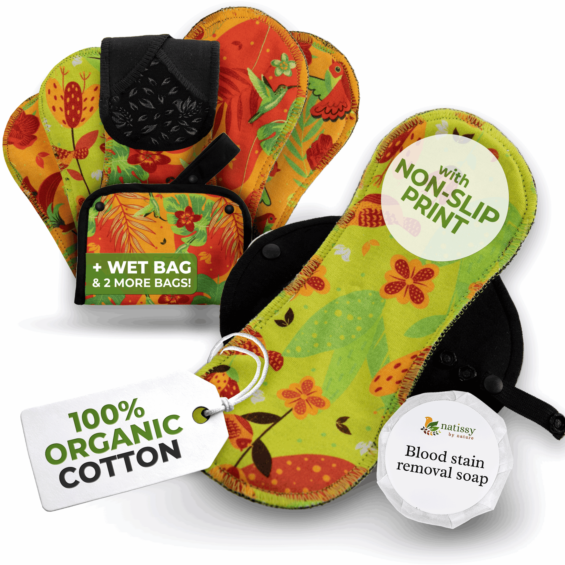 Non-Slip Premium Reusable Period Pads for Heavy Flow & Incontinence (L+XL, 6-Pack) - Natissy Birds