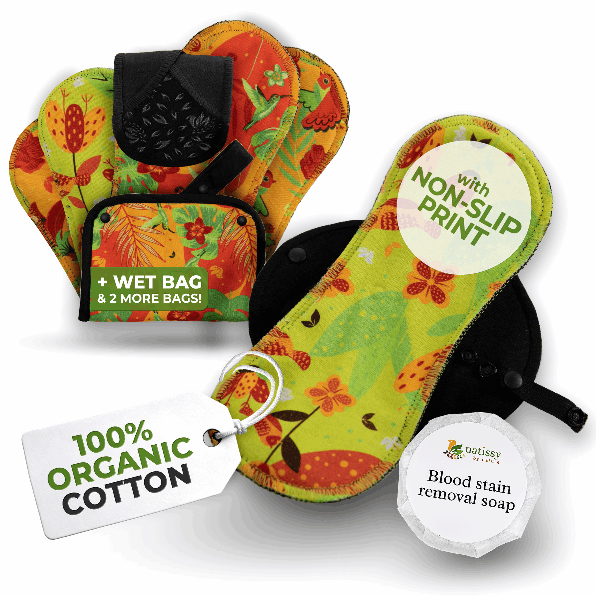 Non-Slip Premium Reusable Period Pads for Light Flow (S+M, 6-Pack) - Natissy Birds