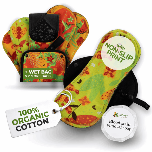 Non-Slip Premium Reusable Period Pads for Light Flow (S+M, 6-Pack) - Natissy Birds